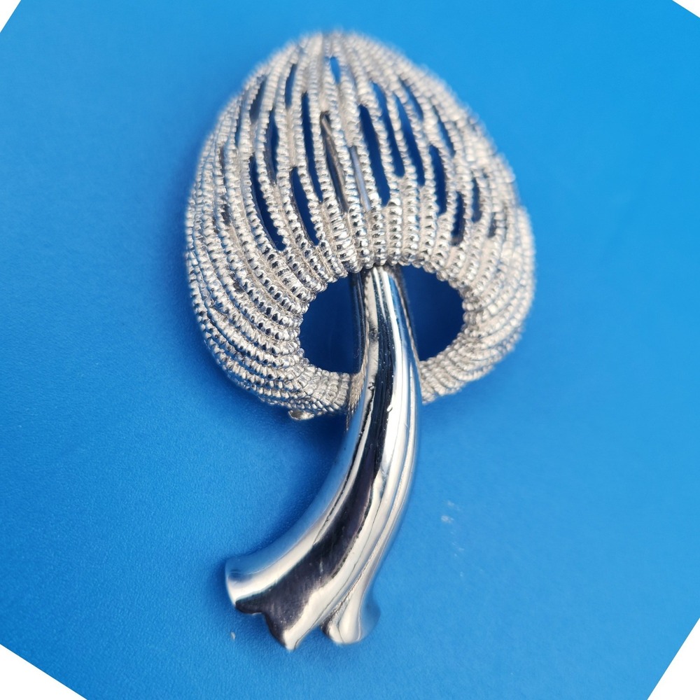 Vintage Monet Silver Tone Textured Mushroom Brooch Pin Signed Whimsical Jewelry
